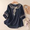 Women Summer Vintage Cotton Linen Embroidery Shirts Oversized Loose Round Neck Tops T-shirts