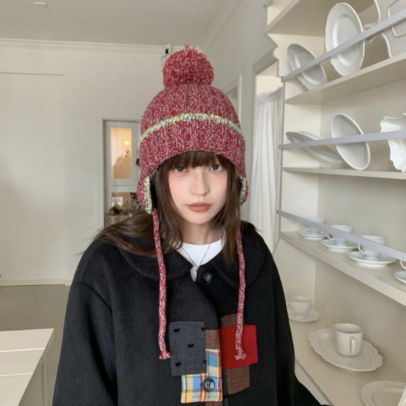 Fashion Knit Hat With Ear Flaps Tie Pom Pom Warm Winter Hat