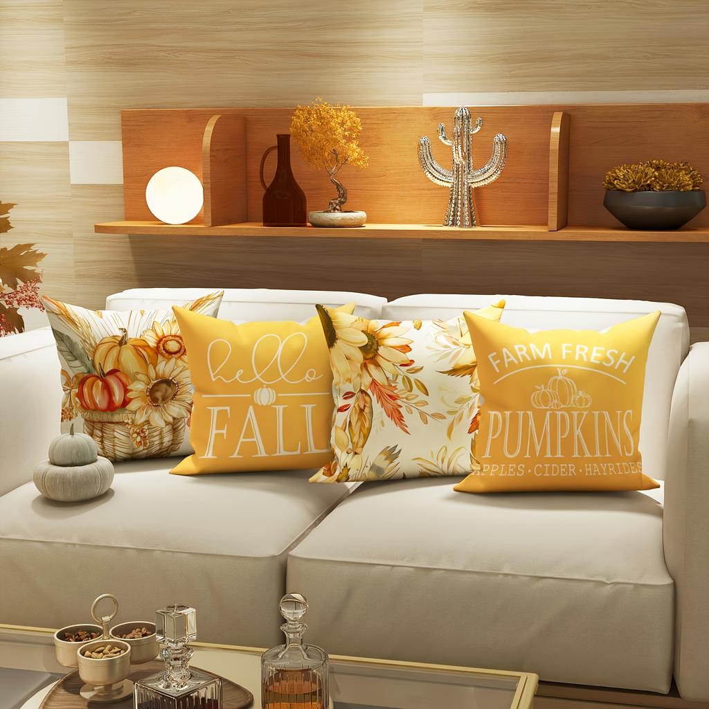 4PCS Fall Harvest Decorative Throw Pillow Covers - Inch, Soft Polyester, Fall Thanksgiving Pumpkin and Yellow and Orange Floral Pattern - Perfect for