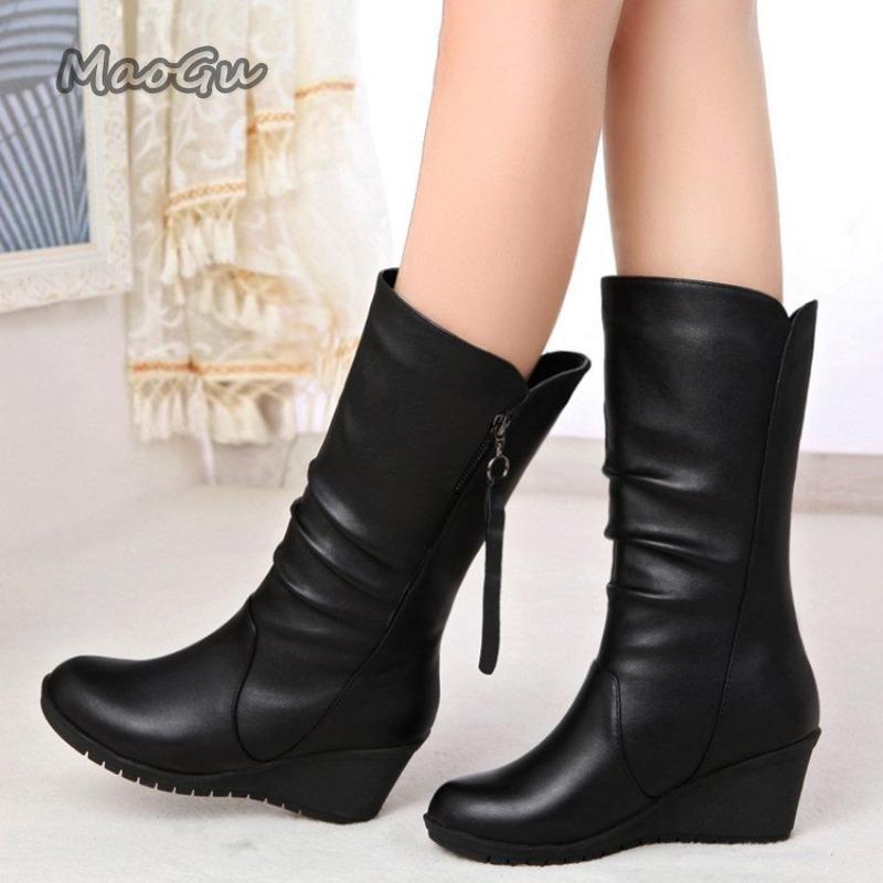 Autumn Winter Women's Mid-Calf Boots PU Black Wedge Botas Mujer Round Toe Side Zip Warm Plush Snow Boot Botas Para Mujer