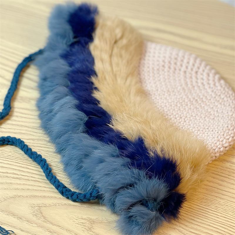 Women's Hand-Knitted Colorful Plush Rabbit Fur Bucket Hat Warm Winter Beanie with Multi-Color Autumn & Winter Fashion Accessory, Comfortable Knit Hat