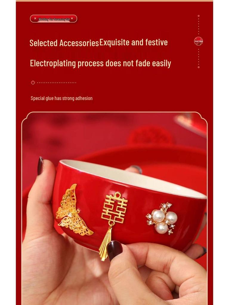 Double Happiness Butterfly Love Teacup Set: Wedding Bowls, Red Tea Set, Chopstick Pair, Dowry Gift