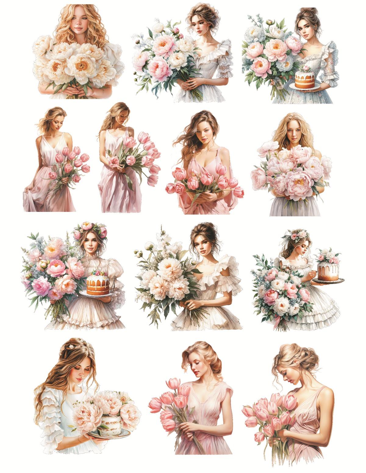 

1set Kawaii Watercolor Peony and Tulip Girl Stickers Pack Decorative Labels Scrapbooking Collage Journal Supplies Planner білий