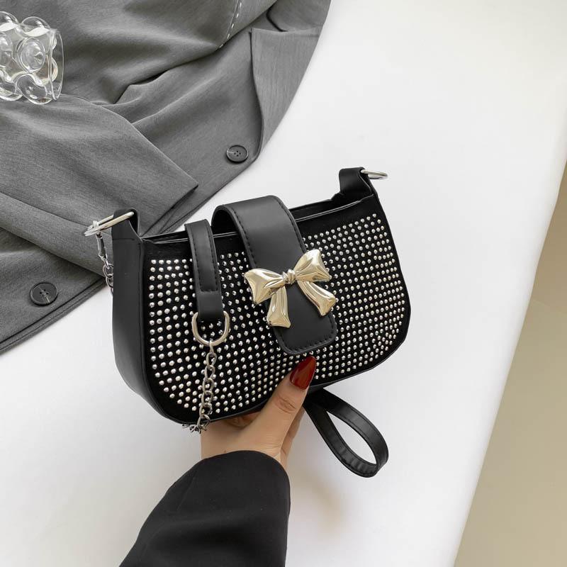 Chic Versatile Small Square Handbag For Women Modern Fashionable Shoulder Bag With Decorative Rhinestones Silver