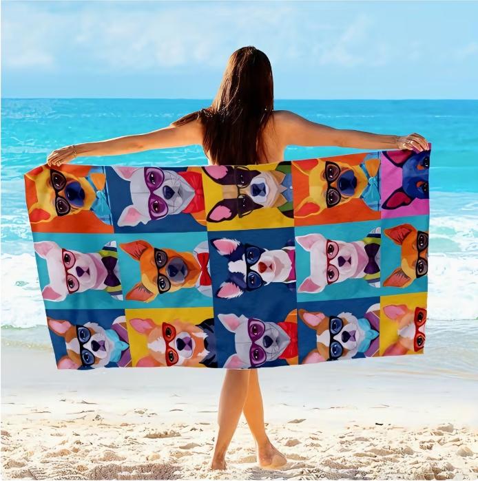 Microfiber Large Beach Towel, Sand Free Quick Dry, Cute Dog with Glasses Print, Colorful Pet Themed Towel