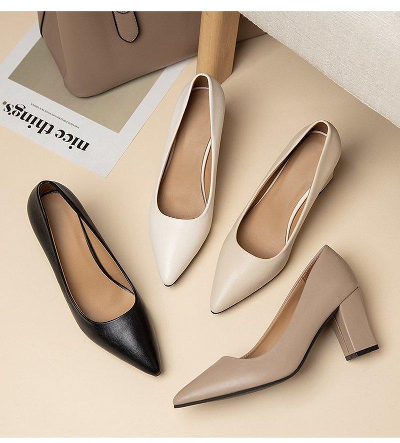 Fashion Autumn Newest Women's Leather Thick Heel Single Shoes Ladies Pointed Toe Shallow High Heels Work Pumps Eu 35-41 Black Beige