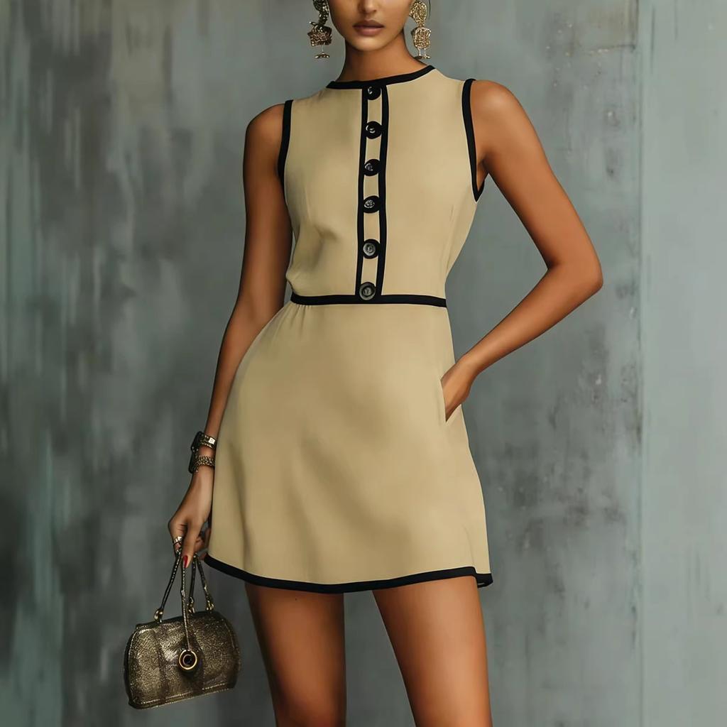 Women's Round Neck Sleeveless A-Line Mini Dress Mid Waist Elegant Casual Short Dress