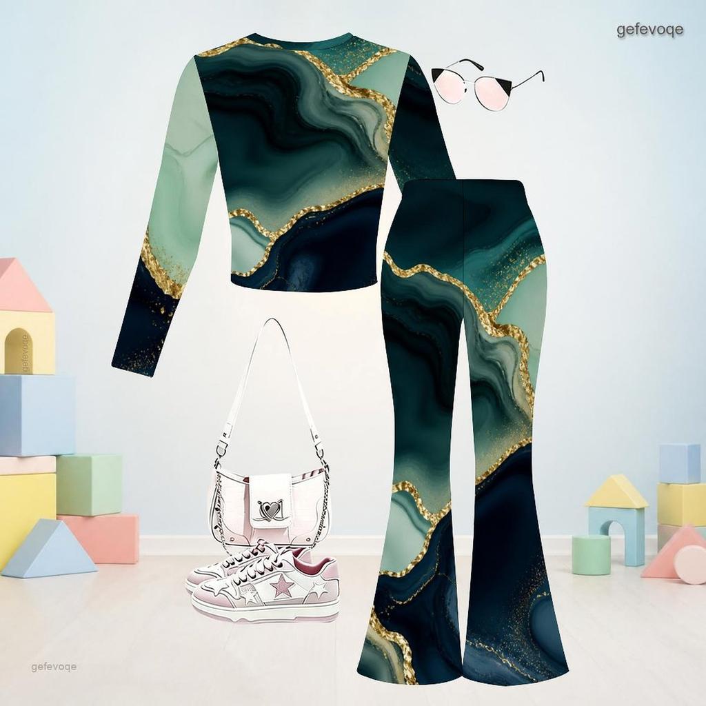 Girls Printed Round Neck Long Sleeve Crop Top Flared Pants Two Piece Set