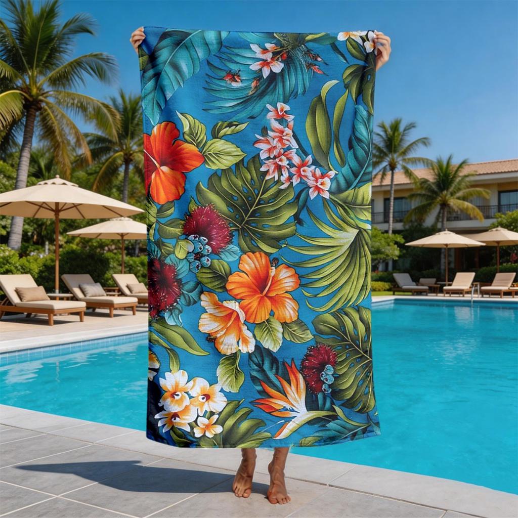 Tropical Hawaiian Flower Theme polyester microfiber beach towel is highly absorbent, suitable for swimming and beach outings