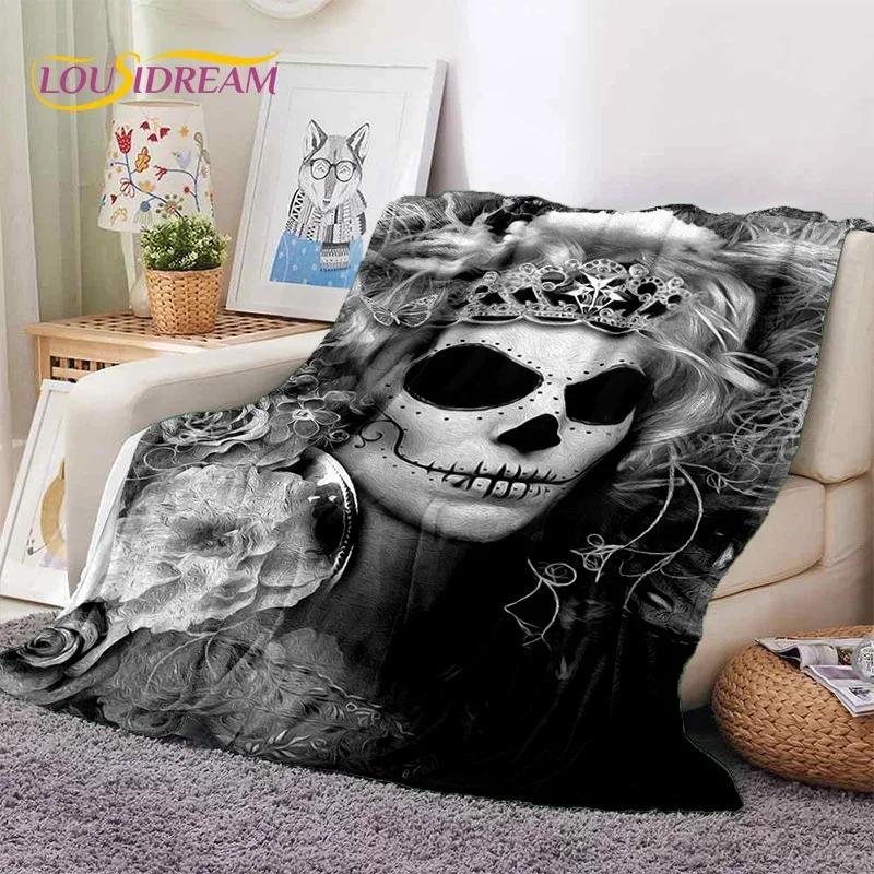Totenkopf Totes Mädchen 3D Gothic Horror Weiblich Rose Weiche Flanelldecke für Betten Schlafzimmer Sofa Picknick, Überwurfdecke zum Zudecken Freizeit