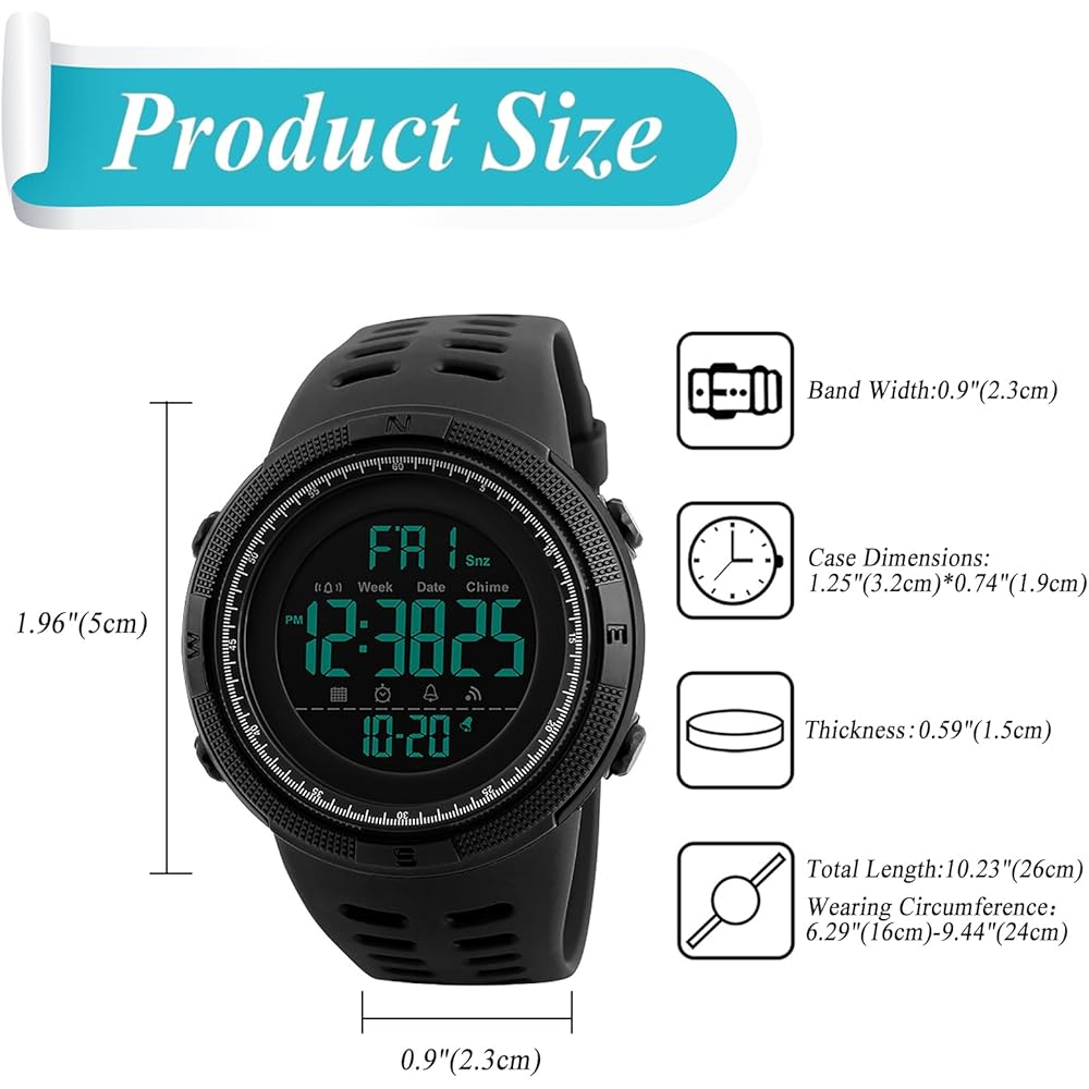 Outdoor Men's Digital Watch Silicone Waterproof Large Numbers Luminous Calendar Function Sports Style Black