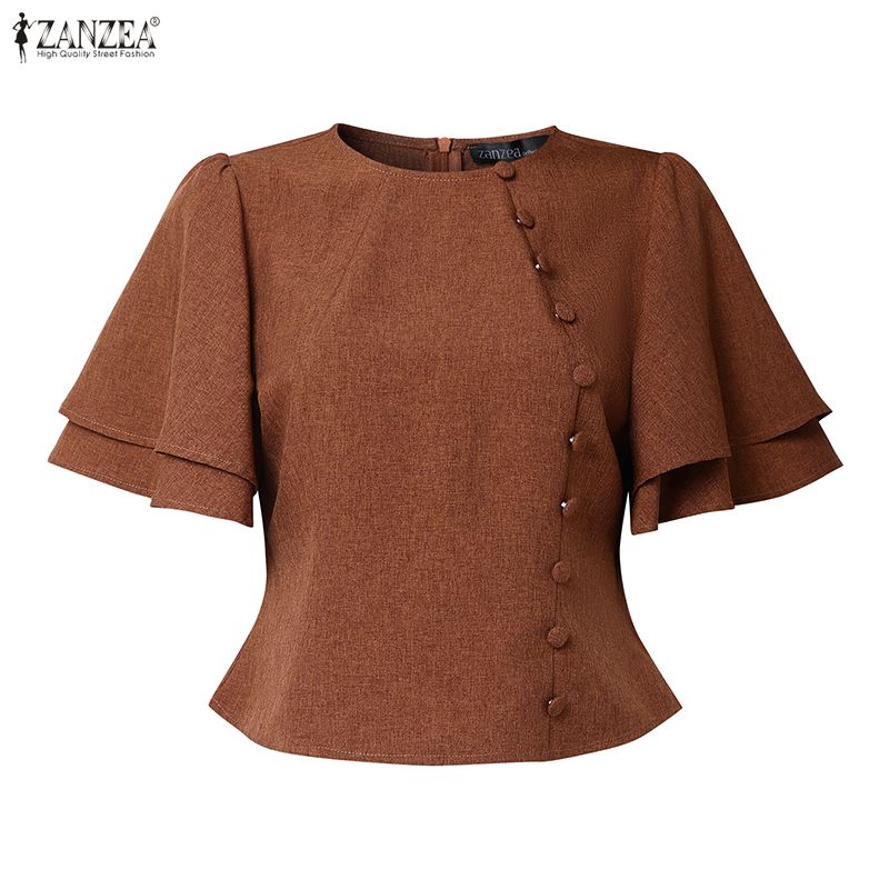 ZANZEA Women Casual Round Neck Short Sleeve Elegant Blouse
