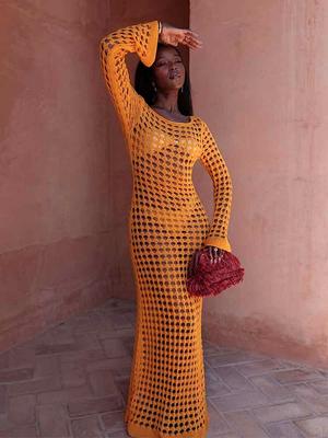 Robe longue de plage sexy à manches cloche et découpes, tricot uni, crochet, tenue de soirée élégante, été 2024, K23