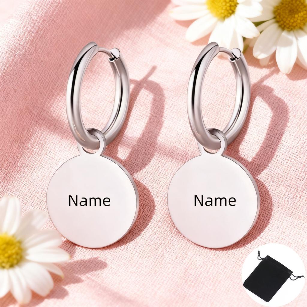 Customized Name Date Simple Round Pendant Women's Earrings Stainless Steel Personalized Fashion Solid Round Earrings Jewelry