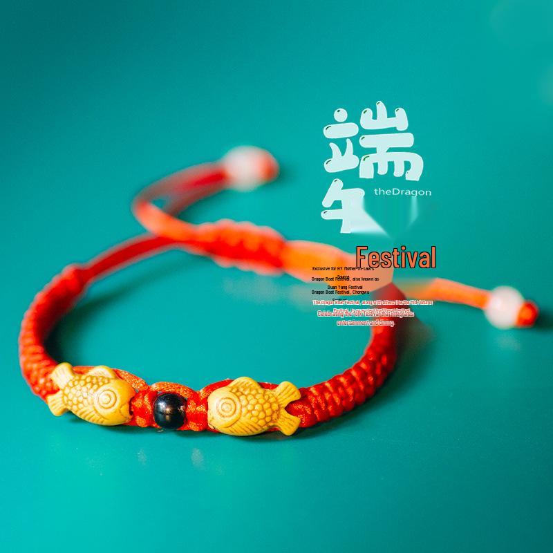 Dragon Boat Festival Zodiac Bracelet: Handmade Red Woven Rope with Double Fish Charm