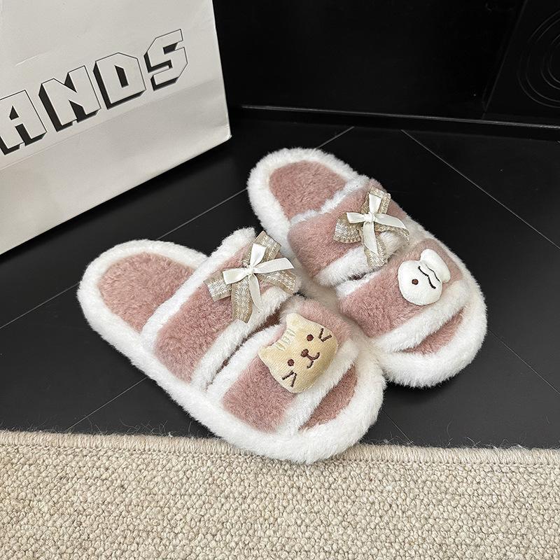 Cute kitten fish thick-soled fluffy slippers girl 2025 autumn fashion outer wear thick-soled bow cotton slippers woman