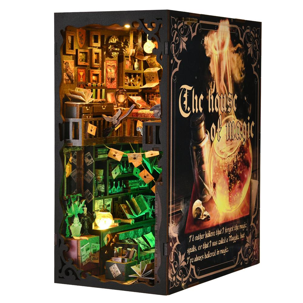 DIY Buchstützen-Set 3D Holzpuzzle Heimdekoration DIY Haus-Set für Bücherregal Miniatur-Einsatz Magisches Buchhaus Ständer Bücherregal