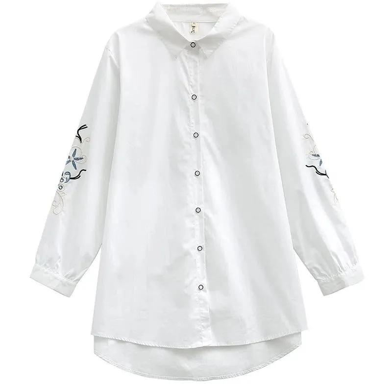 Women's Spring Loose Ethnic Style Embroidered Shirt Medium Long Literary Casual Tops