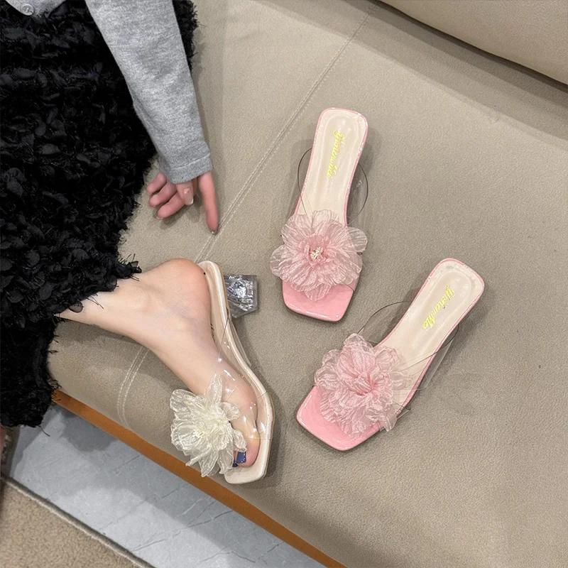 Fashion Flower Women Slippers Fashion High Heels Shoes Dress Cozy Pumps Designer Woman Sandals 2025 Summer Trend Brand Mujer Zapatillas