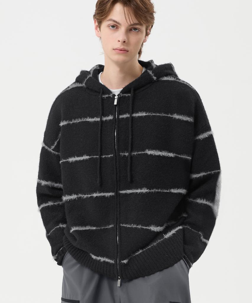 TRILLION Washable Wool Hairy Stripe Hooded Zip-Up Knit_Black