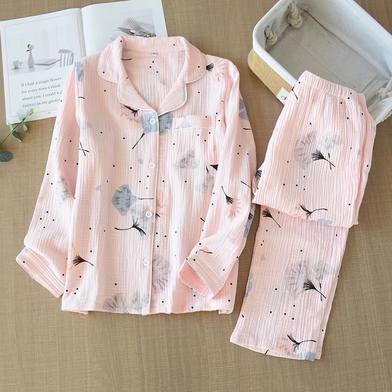 Spring New Ladies Pajamas Set Heart Printed Crepe Cotton Double-layer Gauze Turn-down Collar Long-sleeve Trousers Household Wear