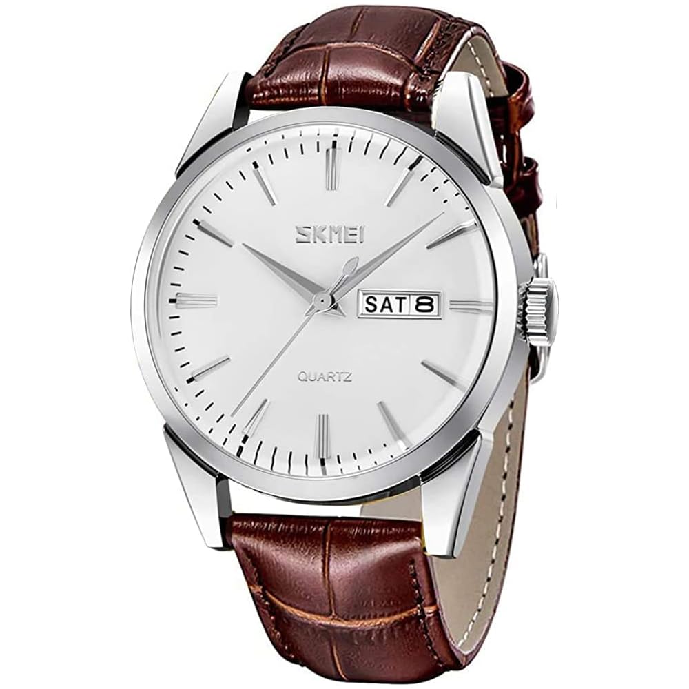 Men s Classic Brown Leather Strap Watch Waterproof Quartz Analog Casual Simple Date Day Lightweight Silver