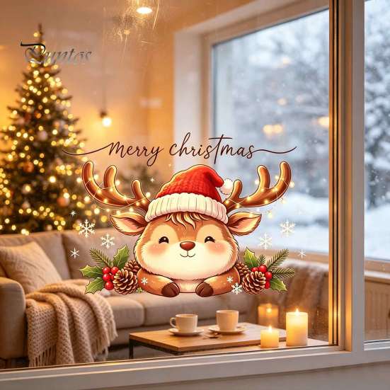 Removable Static Window Film Christmas Reindeer Stickers, PVC Waterproof Elk Cling for Holiday Gifts Friends Home Decoration, Cute Deer Wall