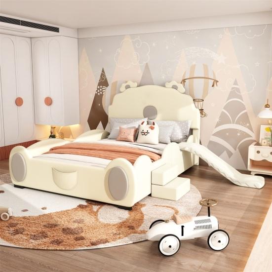 Bärform Cartoon Bett mit Rutschleiter Ergonomisches Design Starke Belastbarkeit Starke Holzlattenstütze Bett Schlafzimmermöbel
