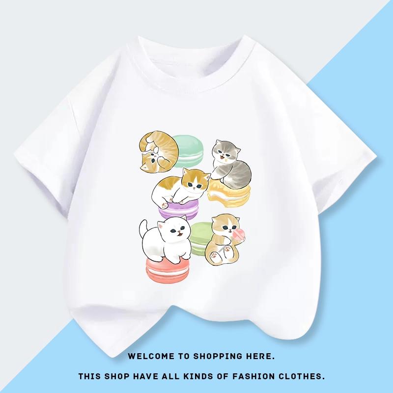 Trendy Frontline Zomerse mode Mofusand T-shirt met kattenprint voor kinderen, korte mouwen, puur katoen, nieuwe snoepkleuren, Koreaanse versie, casual top 160