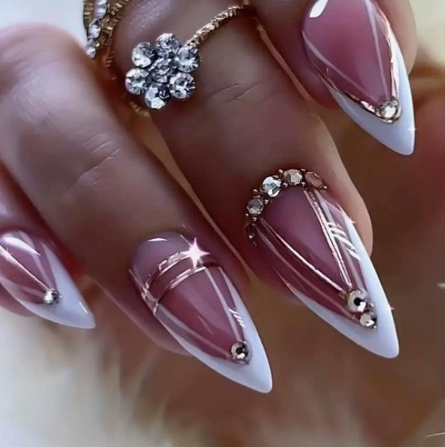 24 Wearable Nail Pieces Nail Art Wearable Nail French Line Rhinestone False Nail Extension Removable Nail *3pcs