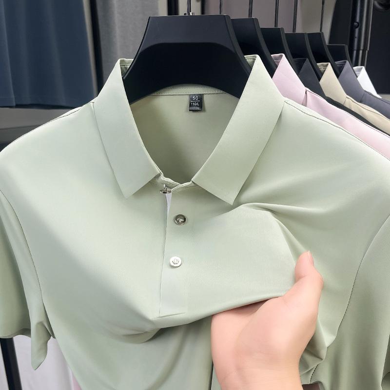 Direct T-Shirt Short-Sleeved Medium Blue Solid Color Casual Ice Silk Men'S Polo Shirt