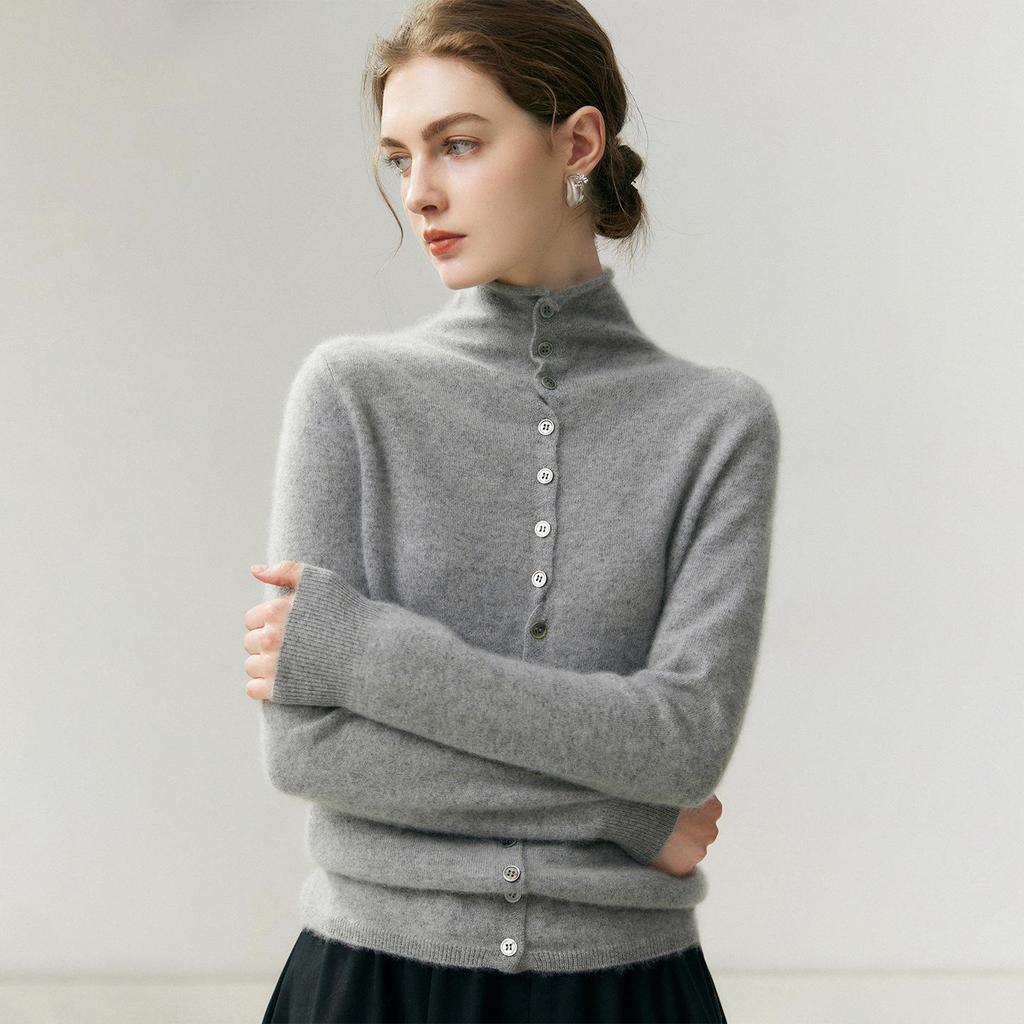 High Neck Cashmere Cardigan: Autumn/Winter Button-Up Rolled Hem Knitwear Sweater for Women.