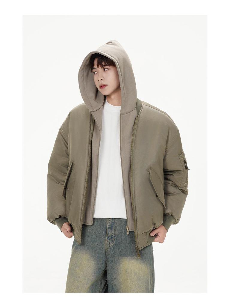 Herren Winter Kapuzen-Faux-Zweiteiler Fliegerjacke - Trendiger Patchwork Baseballmantel