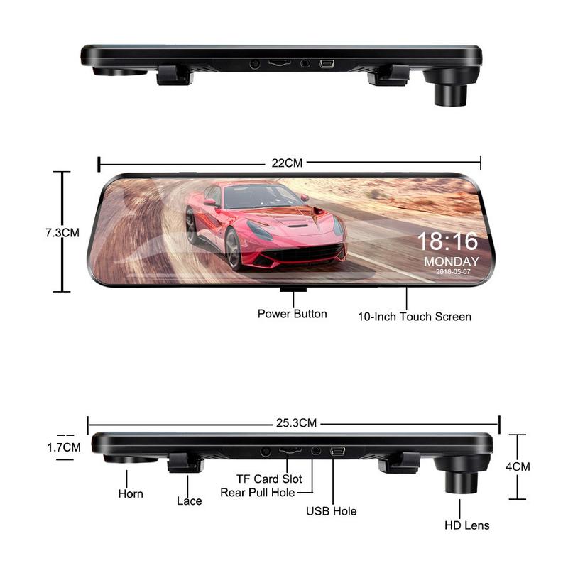 E-ACE 10 Inch Car DVR Mirror Video Recorder 1080P Touch Screen Dashcam For Car AHD Lens Streaming Driving Recorder Dash Camera