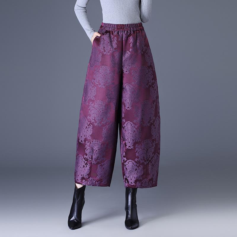 Chinese Style Jacquard Anti-Aging Down Cotton Pants for Middle-Aged Women - Autumn/Winter Cropped Casual Boots