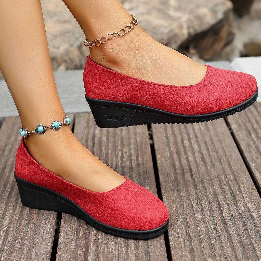 Foreign Trade Spring and Autumn Solid Color Thick Bottom Light Mouth Comfortable Suede Soft Bottom Wedge Heel Round Head Single Shoes European
