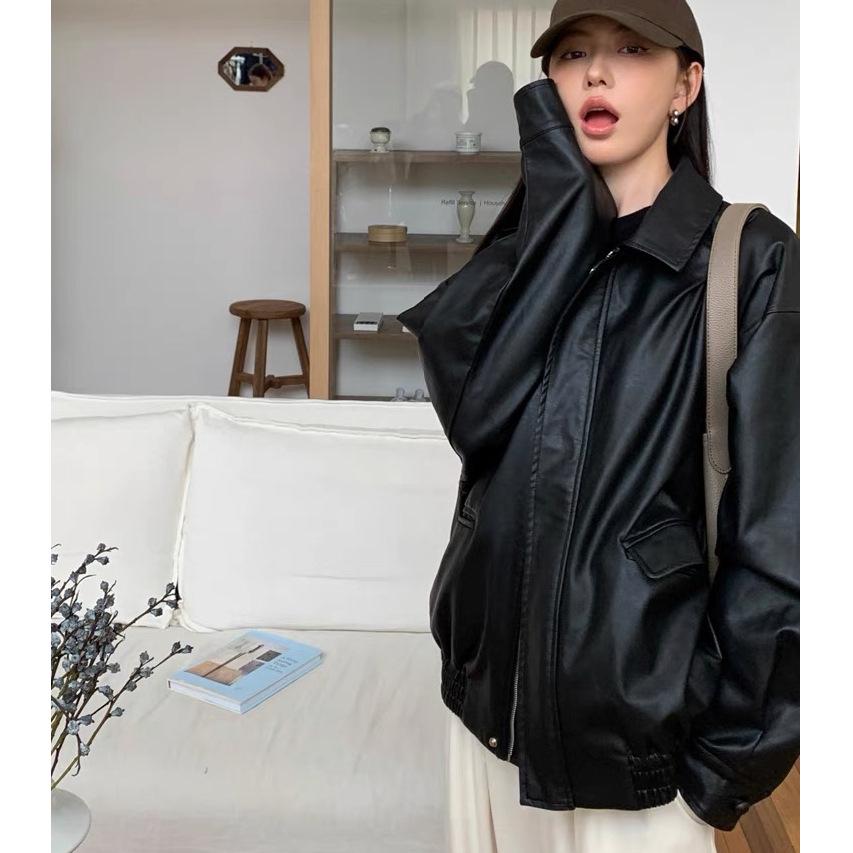 Veste de moto rétro américaine en cuir marron pour femme, style coréen d'automne, coupe droite noire