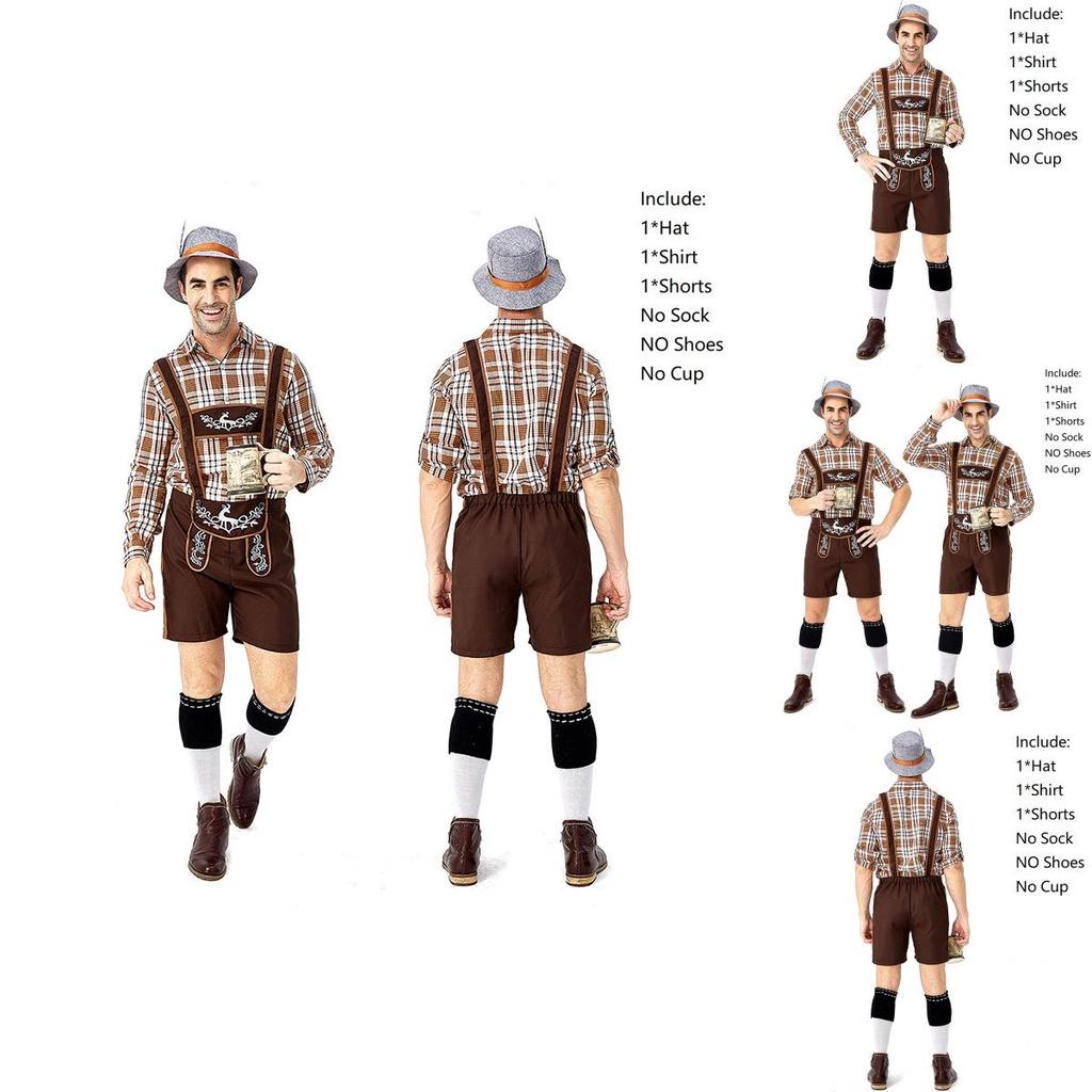 Stylish German Oktoberfest Clothing Men Fawn Print Khaki Plaid Costume Set