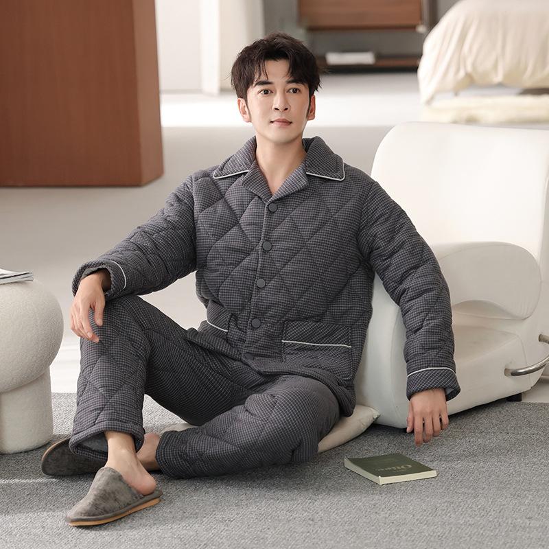 Men's three-layer padded pajamas winter thickened woven pure cotton warm padded jacket anti-static loungewear large size set