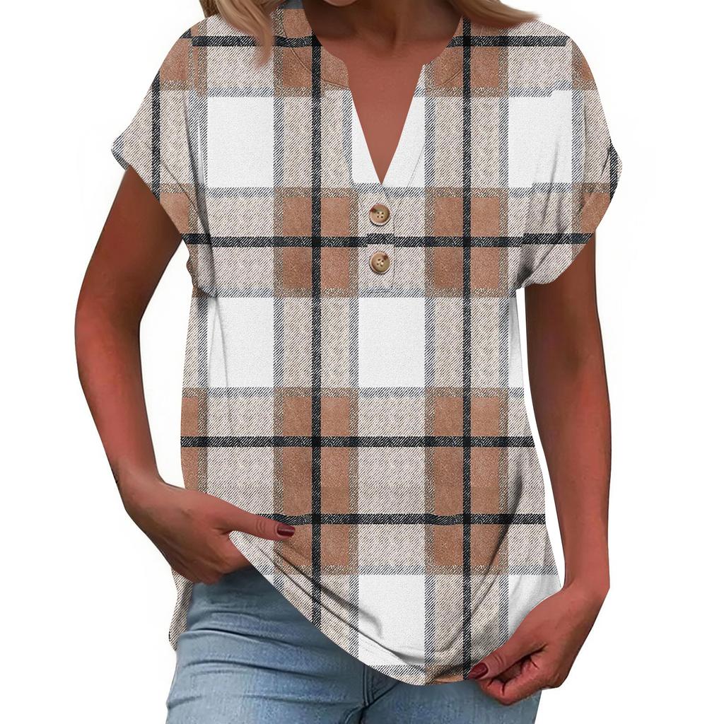 Modisches Lässiges Locker Geschnittenes Kurzärmeliges Knöpfbares V-Ausschnitt Bedrucktes T-Shirt Top für Damen