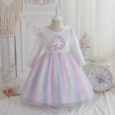 Abito da Principessa Unicorno 2025: Maglia a maniche lunghe con paillettes arcobaleno per bambine