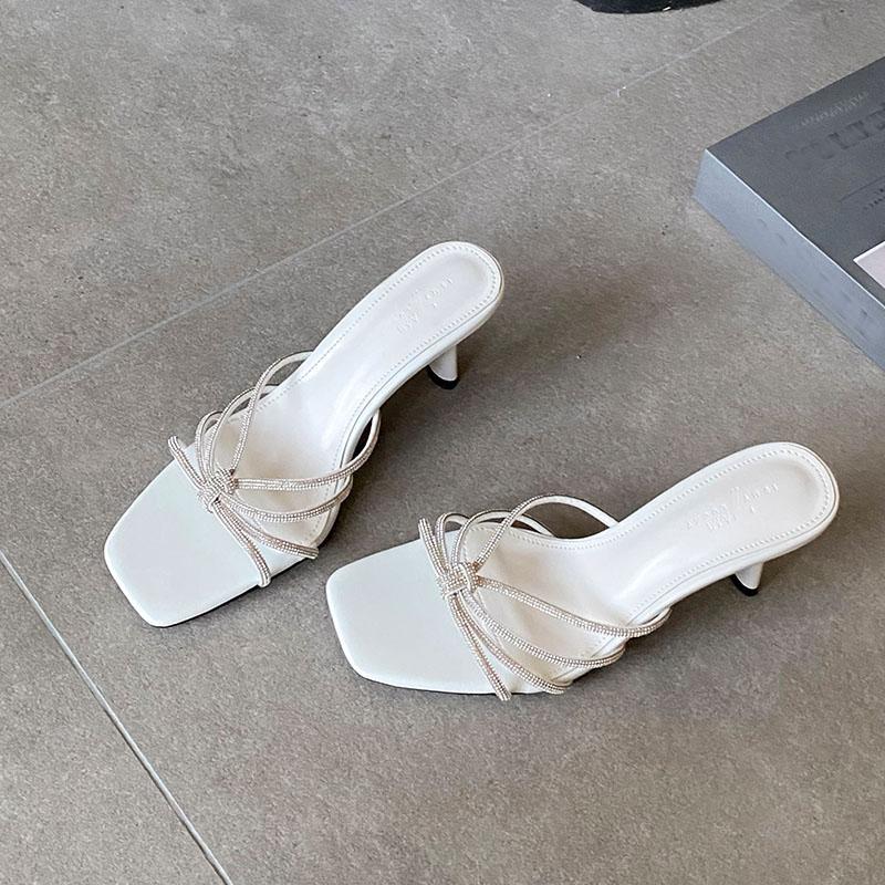 

Party Sexy Ladies High Heels Pumps Slides Shoes Female Slip On Footwear Luxury Rhinestones Women Thin Heels Shoes 35 бежевый