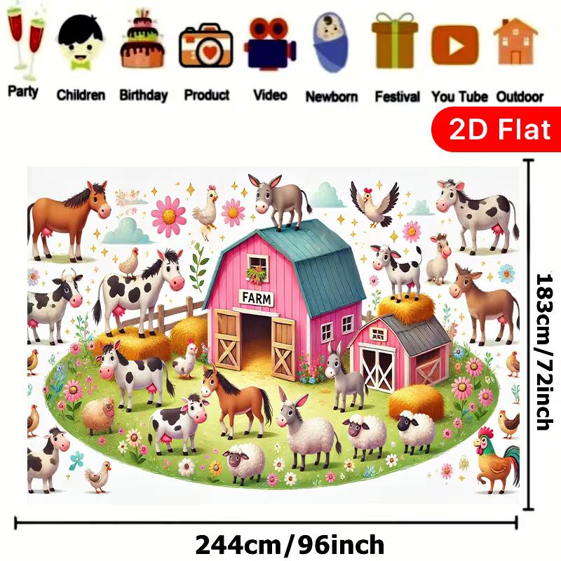 2D Toddler Farm Party Backdrop, Colorful Barnyard Animals Background for Photoshoot