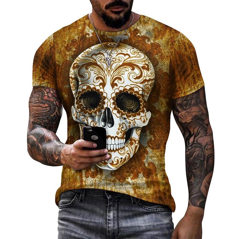 Summer Round Neck 3D Mexican Day of the Dead Skull Pattern Print Top Fashionable Casual Short Sleeved Men's T-shirts