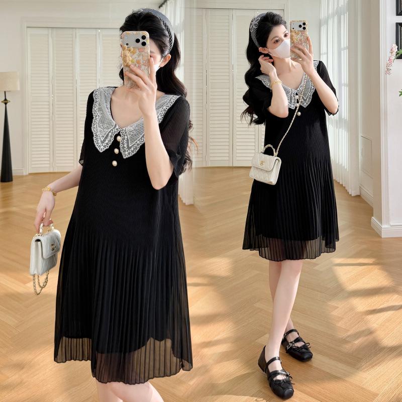 2026 Summer Maternity Fashion: Doll Collar Chiffon Pleated Petite Dress L
