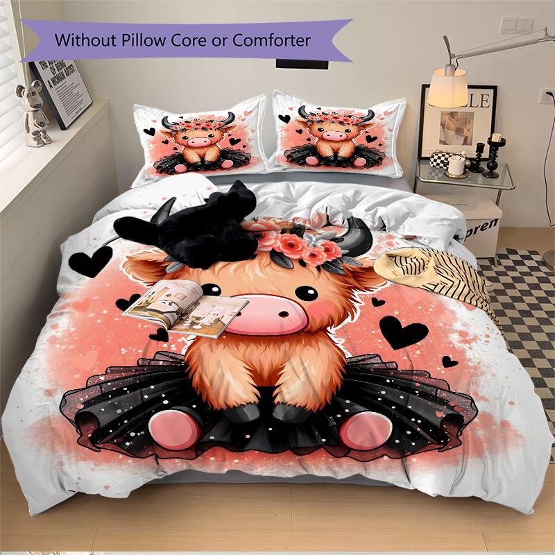 3pcs Adorable Cow Quilt Set Cartoon Themed Bed Quilt Set Lovely Character Bedroom Decor Bed Quilt Set Four Seasons (1 Cover + 2Pillowcase NO Comf