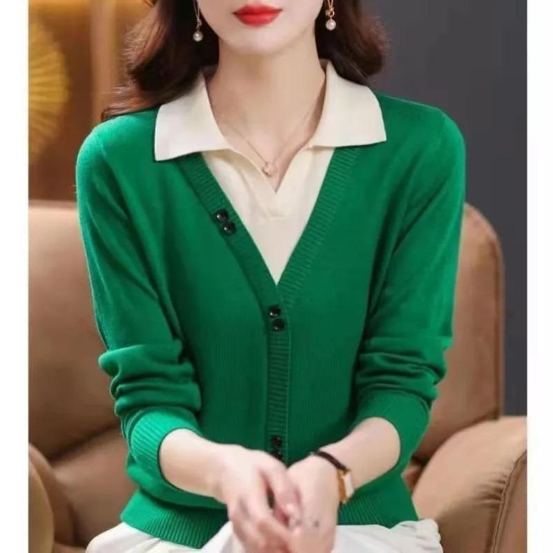 Pulover european 2023 de primăvară pentru femei Design Sense cu mânecă lungă, buton de îmbinare, pulover fals din două piese, pulover tricotat pentru femeie