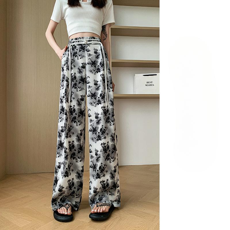 Ice Silk Wide-leg Pants for Women In Summer High-Waist Drooping Ink Tie-dye Latest Chinese Zen Pants Lazy Everyday Floor Sun Protection Pants