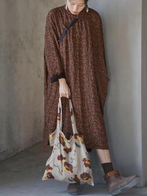 Women Vintage Print Floral Dresses Stand Long Sleeve Cotton Spring Chinese Style Robes Button Women Dress