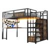 Metal Loft Bed 140 X 200 Cm with Storage Ladder and Simple Wardrobe, with Shelf, Table and Mesh Shelf, with Light Strip Socket, Black, SKU LDB00433AAB